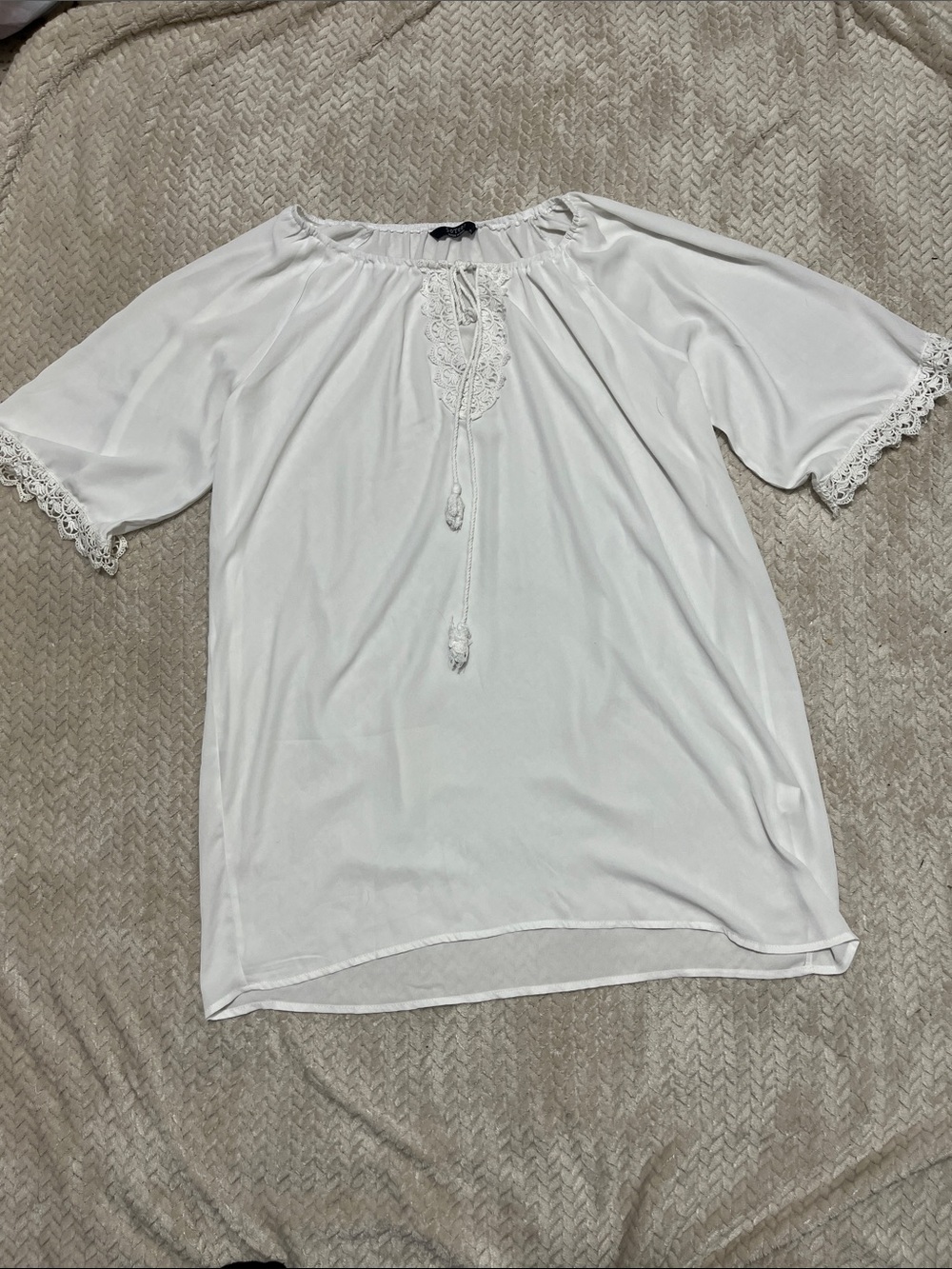 Women’s White Peasant Blouse with Lace Trim